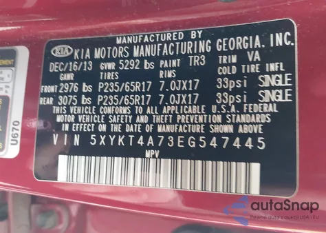 2014 Kia Sorento Lx V6 from USA, damaged, VIN 5XYKT4A73EG547445